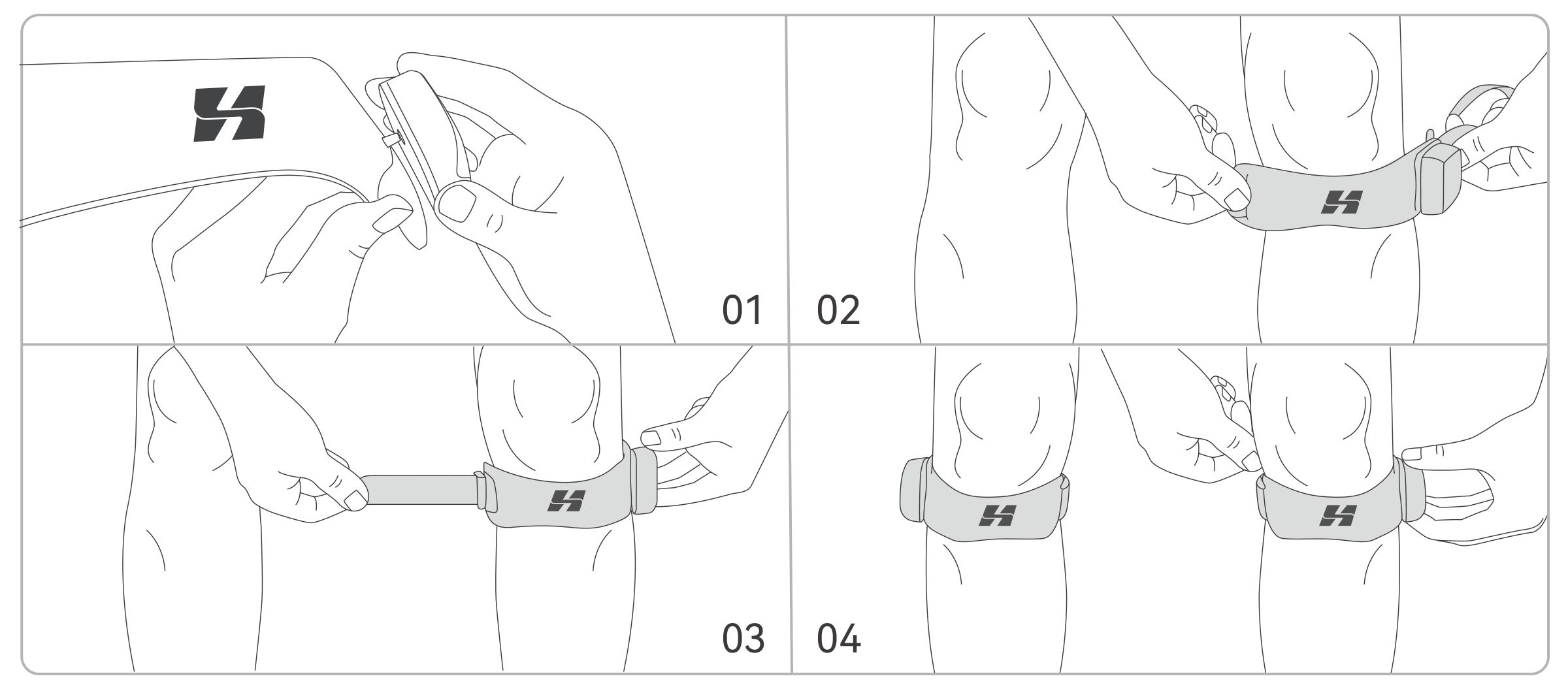 Four-step illustration showing how to fit Orion Pro around the knee