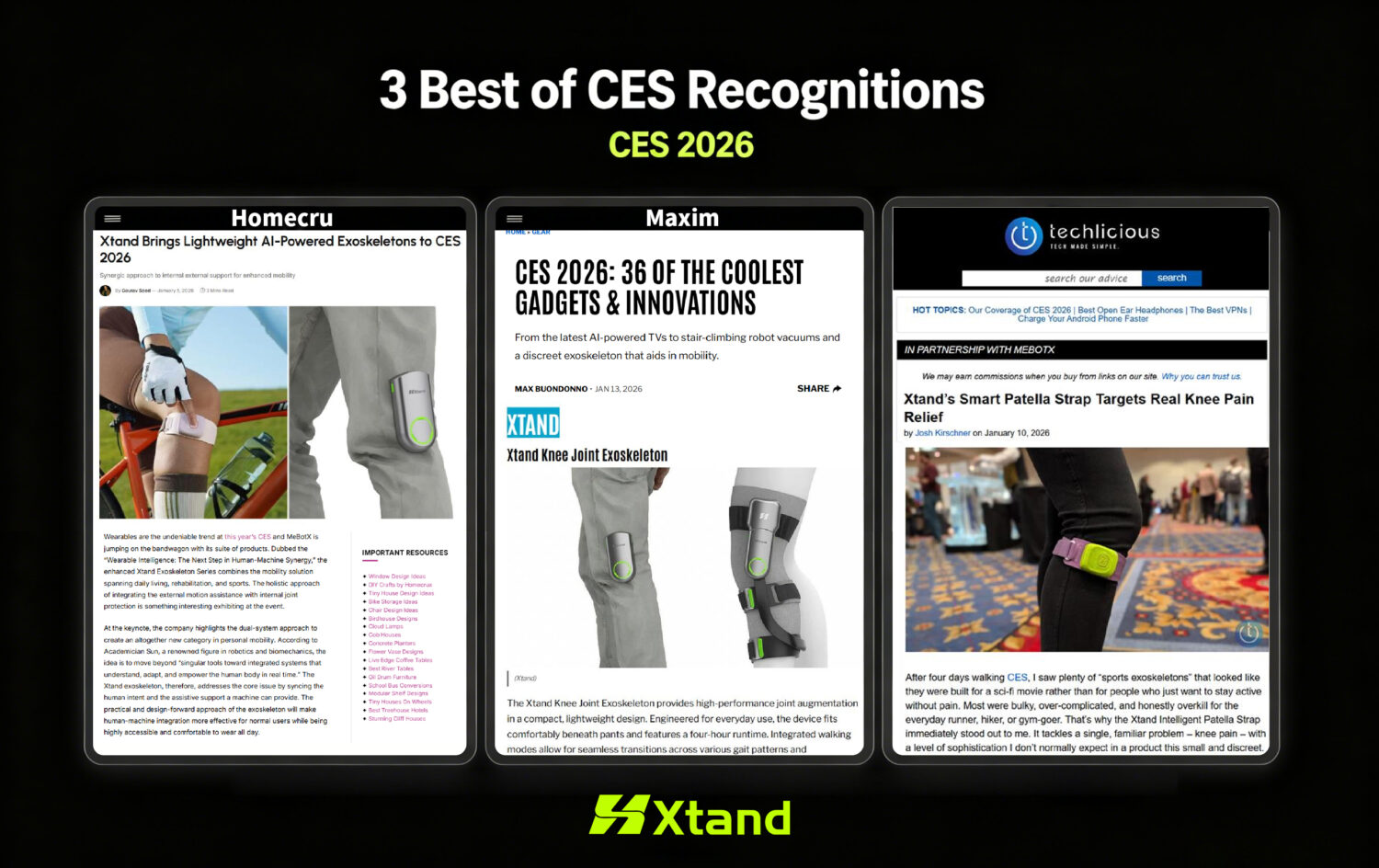 Collage of press coverage recognizing Xtand at CES 2026 from Homecrux, Maxim, and Techlicious.