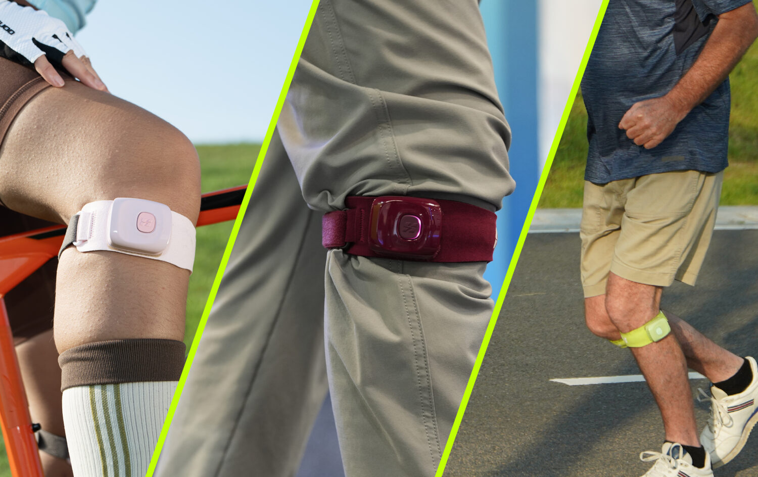 Tri-panel collage: Xtand patella strap shown for cycling, everyday wear, and outdoor running, divided by neon‑lime diagonal lines.